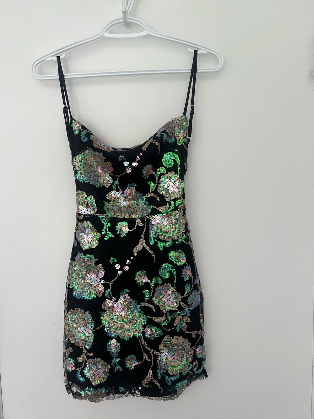 Lucy in the Sky Black Floral Sequin Strappy Mini Dress Size Small